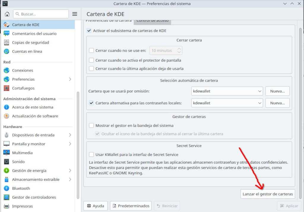 Desactivar el servicio de cartera de KDE